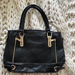 Classic Black faux? Leather Tote Handbag with Gold Hardware